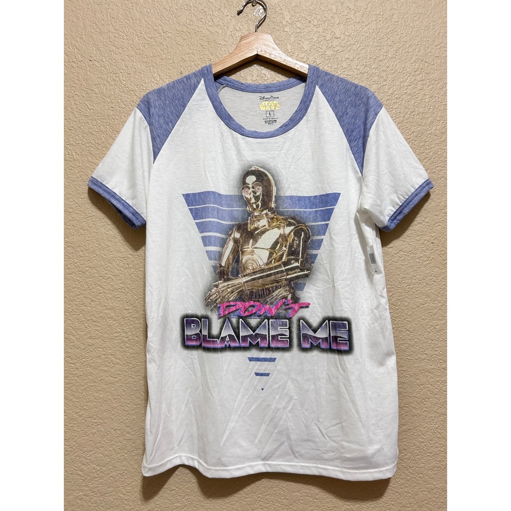 Disney Parks Large Star Wars C-3PO Raglan Tee White Blue Retro Don't Blame Me